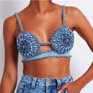 NWT PATBO rhinestone western denim bralette top 2 XS